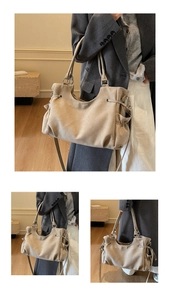 Detalle de bolso tote minimalista con cordones laterales y correa de hombro larga extraíble