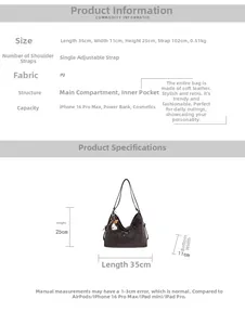 Spécifications détaillées du sac cabas rétro en PU marron avec dimensions et bandoulière