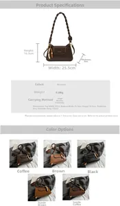 Detailed size specifications for the vintage brown crossbody bag with woven handle