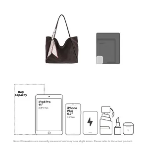 Brown leather tote bag detail showing internal capacity for iPad Pro and essentials