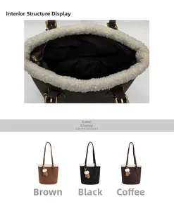 Detail of suede bucket bag interior structure and multiple color options in brown and black