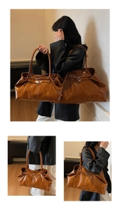Detail view of brown vintage leather tote bags in medium and large sizes comparison