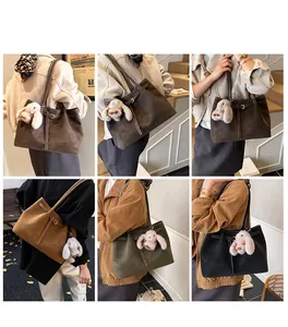 Multiple views showing large capacity retro tote bag with plush rabbit charm in four colors