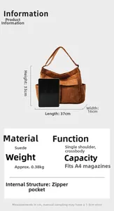 Detailed technical specs of brown faux suede shoulder bag showing 37x33x16cm dimensions