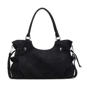 Bolso tote minimalista de ante negro con anillas metálicas y detalles de cordón ajustable