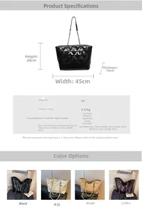 Detailed size chart and dimensions for the quilted tote bag with chain strap
