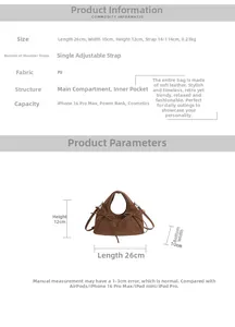 Guide des tailles du sac seau rétro en PU avec dimensions 26x10x12cm et structure interne