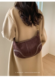 Détail du sac bandoulière marron mat avec surpiqûres blanches sur manteau femme
