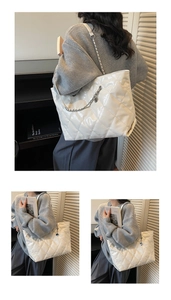 Detail of white quilted tote bag with silver chain strap and glossy leather finish