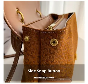 Detail of leopard print fabric and leather contrast with side snap button on handbag