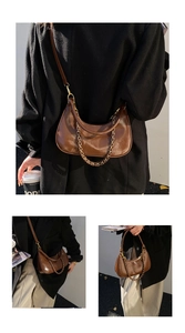 Brown semi-circle hobo bag with gold chain and strap shown from multiple angles