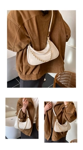 Detailed views of a white hobo bag with metal chain strap and leather shoulder strap