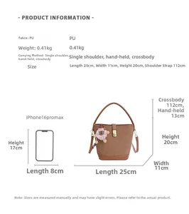 Size chart showing PU bucket bag dimensions and iPhone 16 Pro Max comparison guide