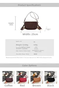 Detailed size specifications and color variants for the stylish PU crossbody saddle bag