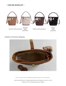 Internal structure of suede bucket bag showing large capacity main compartment and zipper pocket