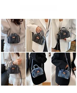 Distressed denim mini crossbody bag styled with various outfits in a collage