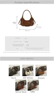 Size chart showing PU leather dumpling bag dimensions and five available color variants