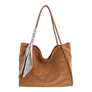 Brown large capacity tote bag with decorative paisley scarf for commute and daily use