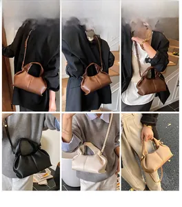 Multiple views showing cloud pleated handbag in brown, black, white, and khaki leather