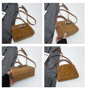 Detailed views of a brown suede handbag showing silver twist lock and trapezoid shape