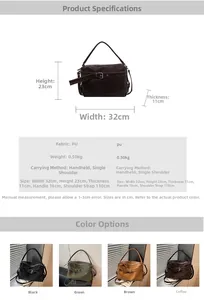 Detailed size specifications and color options for the vintage PU leather tote bag