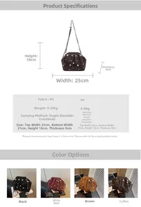 Detailed view of dumpling bag with metallic rivets, pearls, and size dimensions specifications