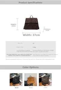 Detailed size chart for retro PU backpack showing 33x37x15cm dimensions and three colors