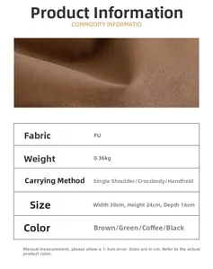 Close-up of brown PU leather texture and detailed size chart for crossbody bag