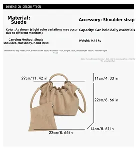 Detailed size chart for the suede cloud bag showing dimensions and crossbody strap length