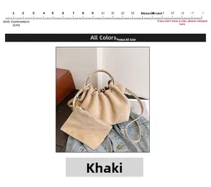 Close-up of khaki pleated cloud bucket bag with metal ring handle and matching pouch