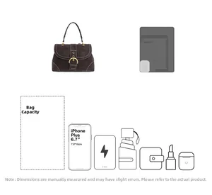 Brown retro handbag capacity guide showing interior space for tablet and phone