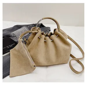 Khaki suede pleated cloud bag set with silver ring handle and matching small pouch