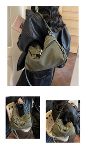 Detail view of olive green faux leather tote bag showing buckle and stitching details