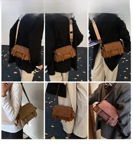 Detail of vintage suede crossbody bag with buckle straps shown in various autumn outfits