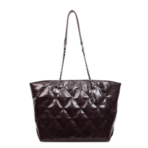 Deep brown quilted tote bag with shiny oil wax finish and chain strap for women
