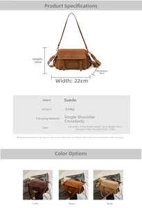Macro view of vintage suede Boston bag showing detailed dimensions and earthy color options