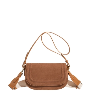 Brown faux suede saddle bag with adjustable leather and wide fabric shoulder straps