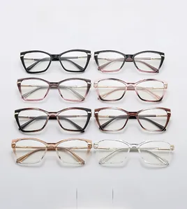 Grid view of stylish cat-eye glasses frames in eight different colors and finishes