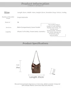Brown PU leather bucket bag with dimensions 35x14x29cm and internal storage detail