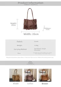 Detailed size chart for the suede tassel tote bag with dimensions and weight info