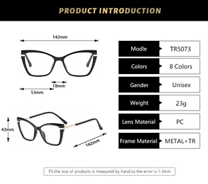 Detailed size chart for retro cat-eye glasses with metal and TR composite frames