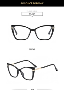 Cat-eye glasses with black frames and gold metal accents shown in front and side views