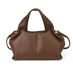 Retro dark brown leather crossbody dumpling bag with wide handle and gold hardware