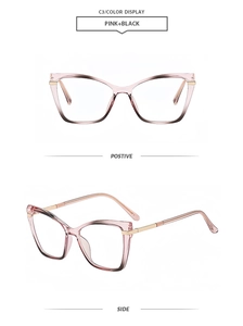 Detail view of pink and black gradient cat eye glasses frame with slim metal temples
