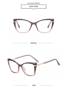 Detail view of cat-eye frames in gray and pink gradient with golden metal temples