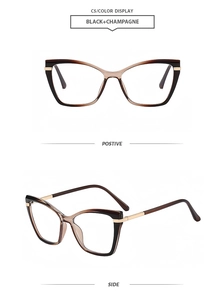 Detail view of cat eye glasses frames in black and champagne with gold metal temples