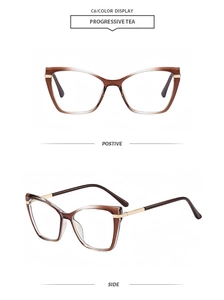 Detail of cat-eye frames in progressive tea color with slim gold metal temples