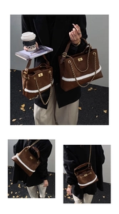 Detail of dark brown quilted chain tote bags in large and small sizes with plush trim