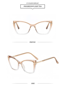 Front and side views of progressive light tea cat-eye glasses frames with gold metal temples