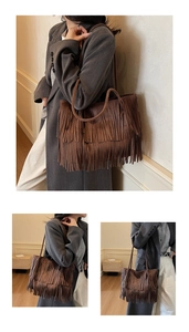 Detail of dark brown suede tote bag featuring multi-layer long fringe and rustic texture